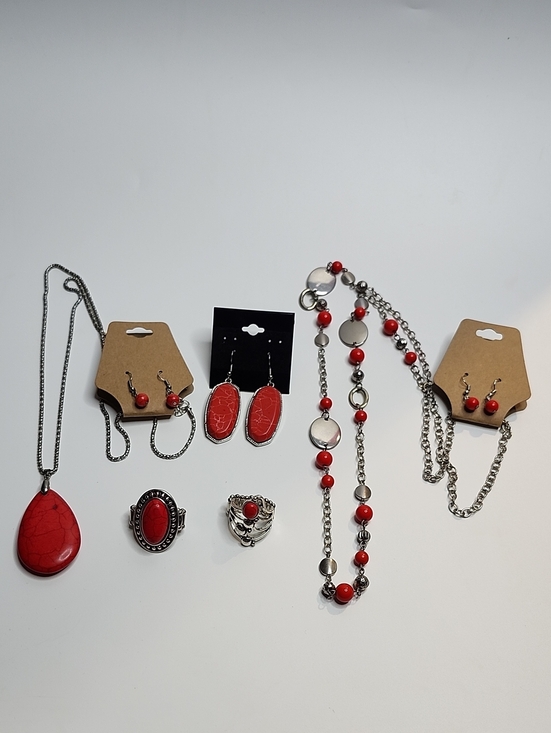 Jewelry - Jewelry Set - Necklace, Earrings & Rings Red Stone Mixed